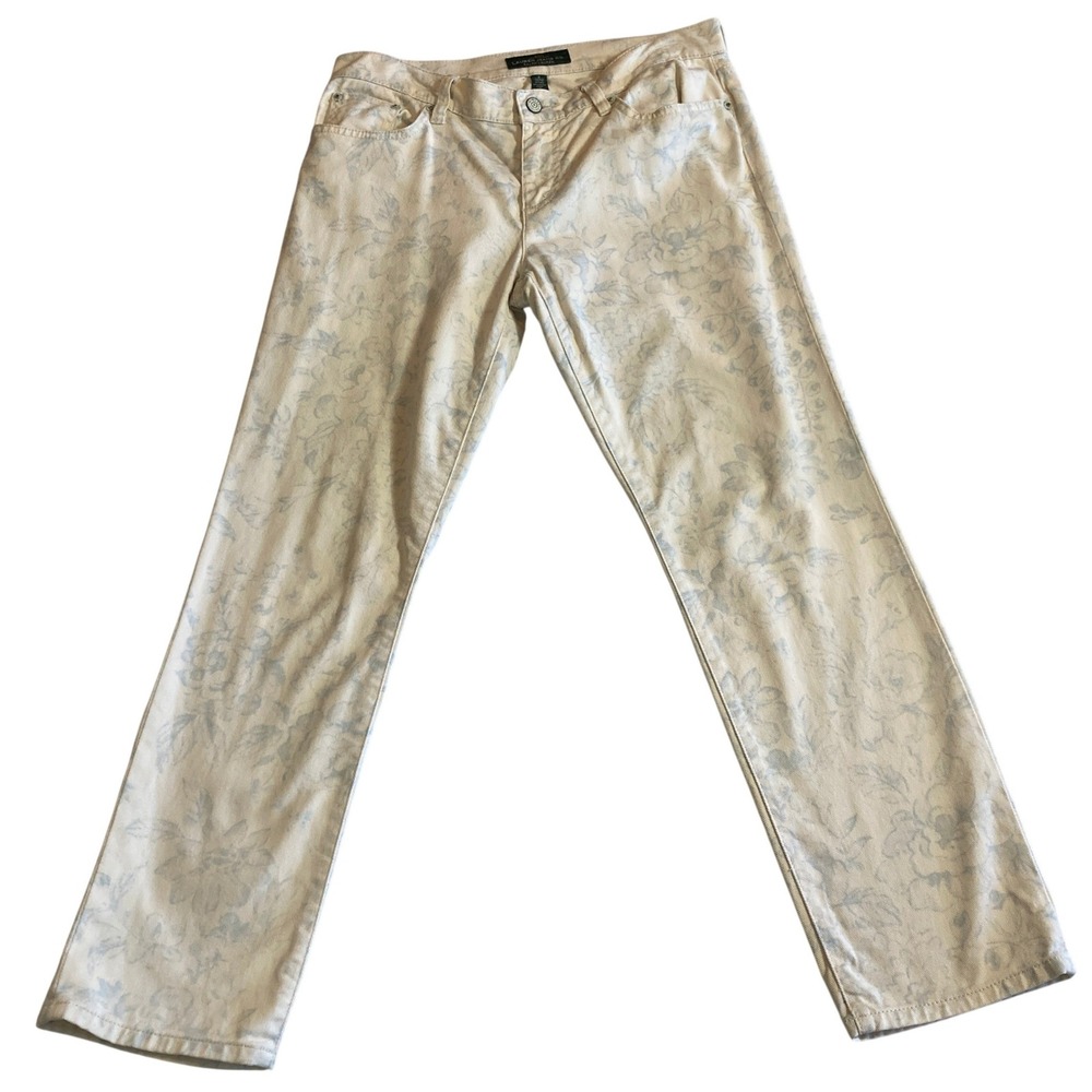 Lauren Ralph Jeans Women 8 Cream Blue Floral Print Straight Leg Stretch Flex
